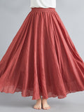 Cotton and Linen Elastic Waist Linen A-line Skirt Long Solid Color Ethnic Dress