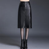 Office Midi Women Leather Maxi Skirt Ladies High Waist Pocket Autumn Red Black Formal Skirt