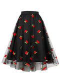 Vintage Cherry Cute Skirts Embroidered Mesh Overlay Women Spring Summer High Waist Black Pleated Long Skirt