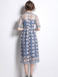 New Court Style Round Neck Foreign Style Women Dress with Slim Temperament Embroidered Lace Dress