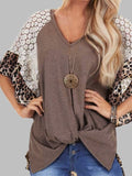 Leopard Lace Raglan Sleeves Kinked T-shirt Loose V-neck Bat Sleeve Short Sleeve Tops