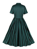 Black Green Striped Women Vintage Retro Dress Notched Collar Single Breasted Pleated Formal Elegant Party Dresses