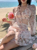 2pcs/set Floral Women Sexy Party Retro Party Mini Beach Casual Backless Korean Top Skirt Set