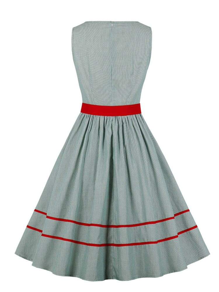 O-Neck Sleeveless 50s Striped Vintage Pleated Summer 100% Cotton Women Pocket Side Red Belt Casual Ladies Dresses