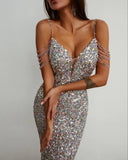 Sexy Strap Beading Sequin Party Bodycon Dress Women Evening Prom Dress