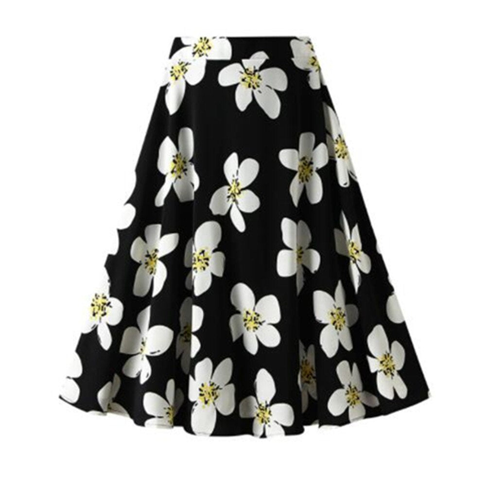 Women Summer Floral Printed Saia Casual High Waist A-Line Large Swing Vintage Boho Midi Skirts