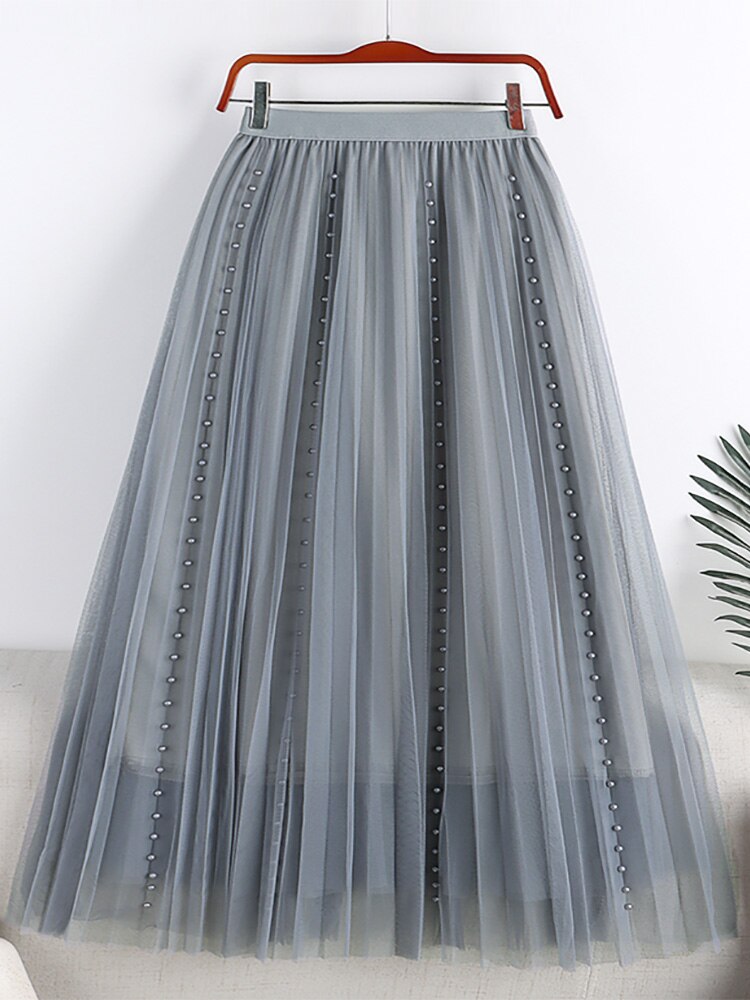 Spring Women Elegant Beading Mesh Midi Skirt Casual Elastic High Waist A Line Skirt