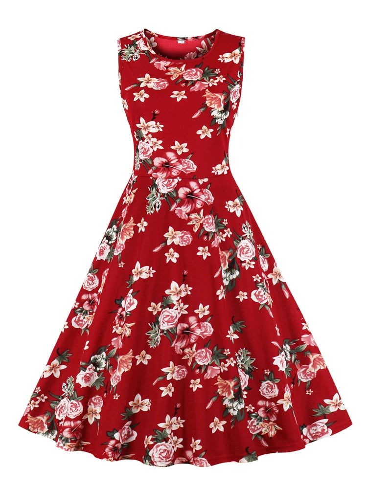 O-Neck Sleeveless Summer Floral Vintage Swing Women 50s Robe A Line Casual Midi Dress