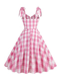 V-Neck Knot Strap Pink Plaid Summer Midi Dresses Birthday Clothes for Women A-Line Vintage Party Dress