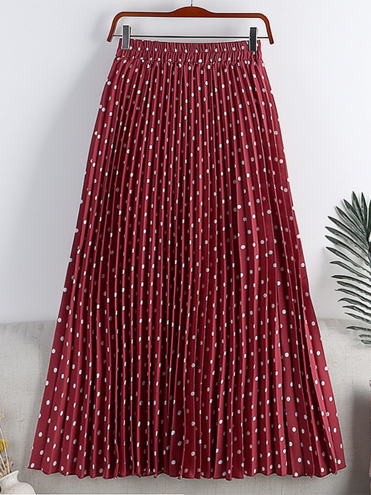 Elegant Vintage Pleated Women Elastic High Waist Casual Polka Dot Midi Skirt