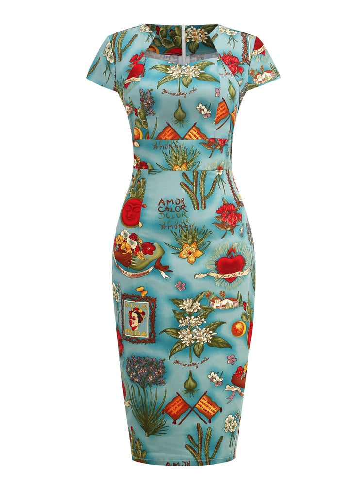50s Vintage Multicolor Print Summer OL Midi Pencil Women Elegant Pinup Robe High Waist Retro Dresses