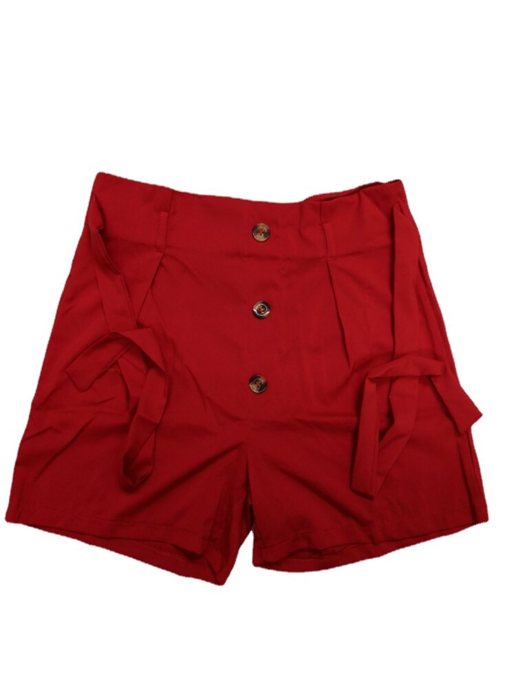 Women High Waist Zipper Button Bow Solid Color Casual Shorts Wide Leg Pants