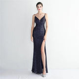 Women Backless Navy Sequin Strap Beading Party Maxi Dress Sexy Slit Evening Dress Long Prom Dress