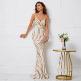 Women Strap Party Maxi Dress Sexy V Neck Evening Dress Gold Sequin Long Prom Dress