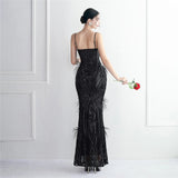 Women Sexy Party Maxi Dress Strap V Neck Feather Evening Dress Black Sequin Long Prom Dress