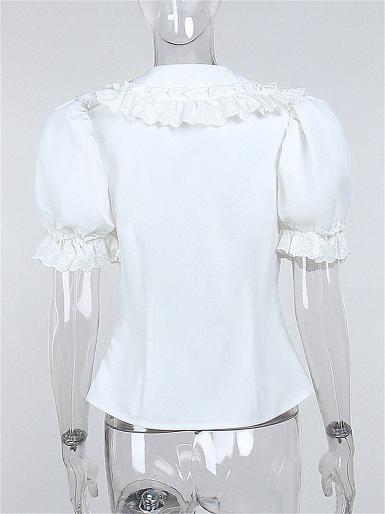 Patchwork Ruffle White Shirt For Women Peter Pan Collar Long Flare Sleeve 50s High Waist Tunic Casual Blouse Female 2022 Spring
