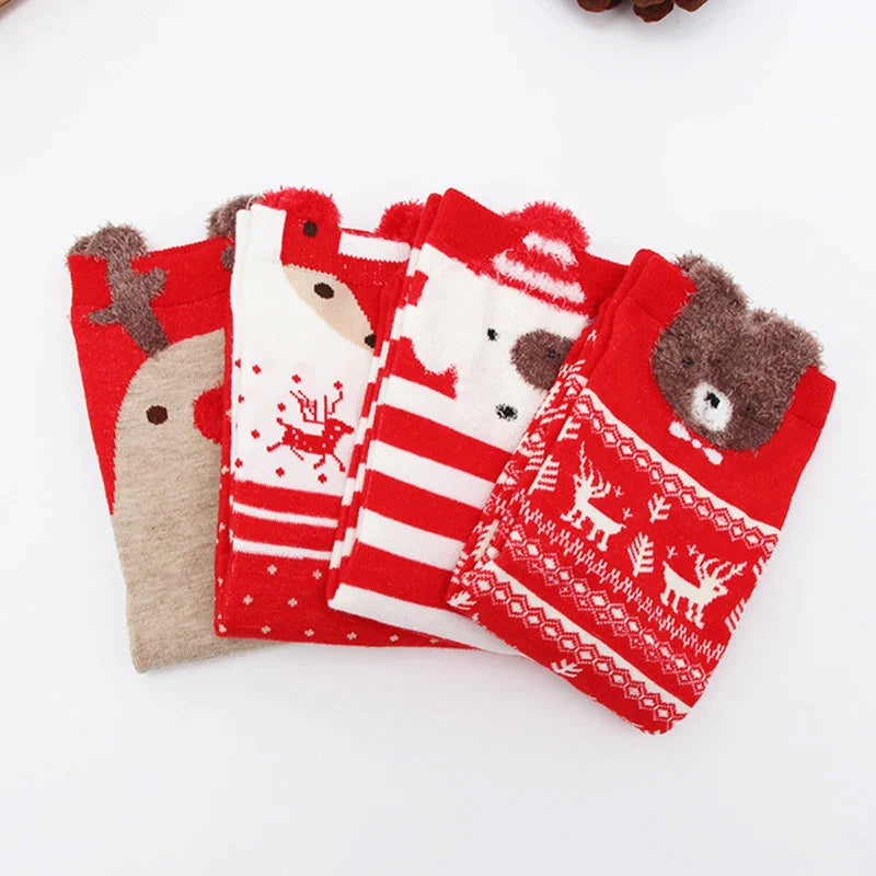 4Pairs/Set Christmas Women Girl Cute Soft Cotton Elk Striped Middle Tube Socks Lovely Cartoon Animals Warm Xmas Gifts