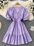 Ruffle Hem Short Puff Sleeve Dress Ladies Crossover V Neck Solid Casual Mini Dress