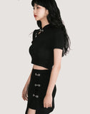Summer Casual Button Retro Two Piece Set Women Hollow Out Midriff Sexy Mini Skirt Set New Chinese Style Slim Suits