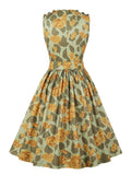 Yellow Floral Print Buttons High Waist Pinup 50s Vintage Sleeveless Summer Women Retro Pleated Dress