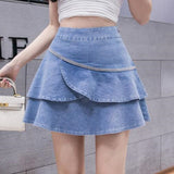 Blue Denim Ruffle Mini Solid Casual Fashion Korean Style High Waisted Shorts Jeans Skirt