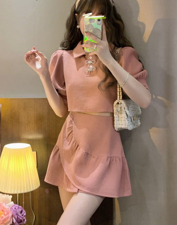 2pcs/set Summer Ruffle Flounce Sweet Women Korean Cute Mini Skirt Set Puff Sleeve Slim Fit Party Suits