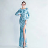 Stretch Feather Sequin Dress Full Sleeve Evening Night Long Party Maxi Dress