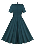 Peacock Blue Retro Vintage Cotton Midi Runway Party Elegant 50s 60s Office Ol Work To Wear Solid Swing Flare Tea Dress