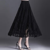 Vintage Floral Lace Long Women Spring Summer Korean A Line Black High Waist Floor-Length Pleated Skirts