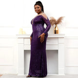 Plus Size Stretch Purple Sequin Dress Pearls Full Sleeve See Through Mermaid Evening Night Long Party Maxi Dress