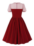 Burgundy Elegant Mesh Short Sleeve Vintage Party Swing Women Pleated Knee Length 50s Retro Summer Dress