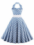 Blue 1950s Polka Dot Halter Belted Dress
