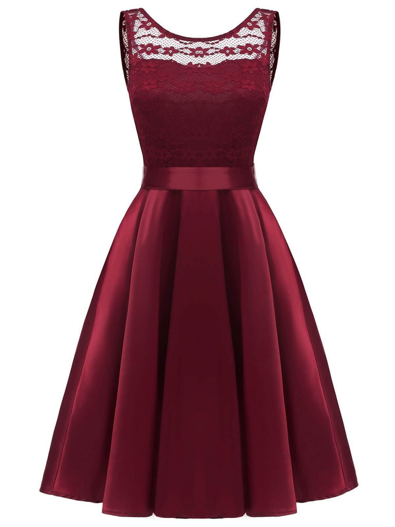 Wine Red 1950s Patchwork Belted Swing Dress