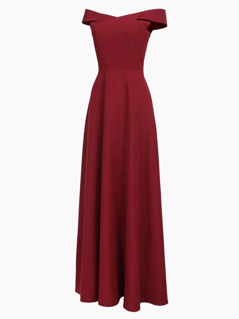 Wine Red 1950s Off Shoulder Maxi Dress