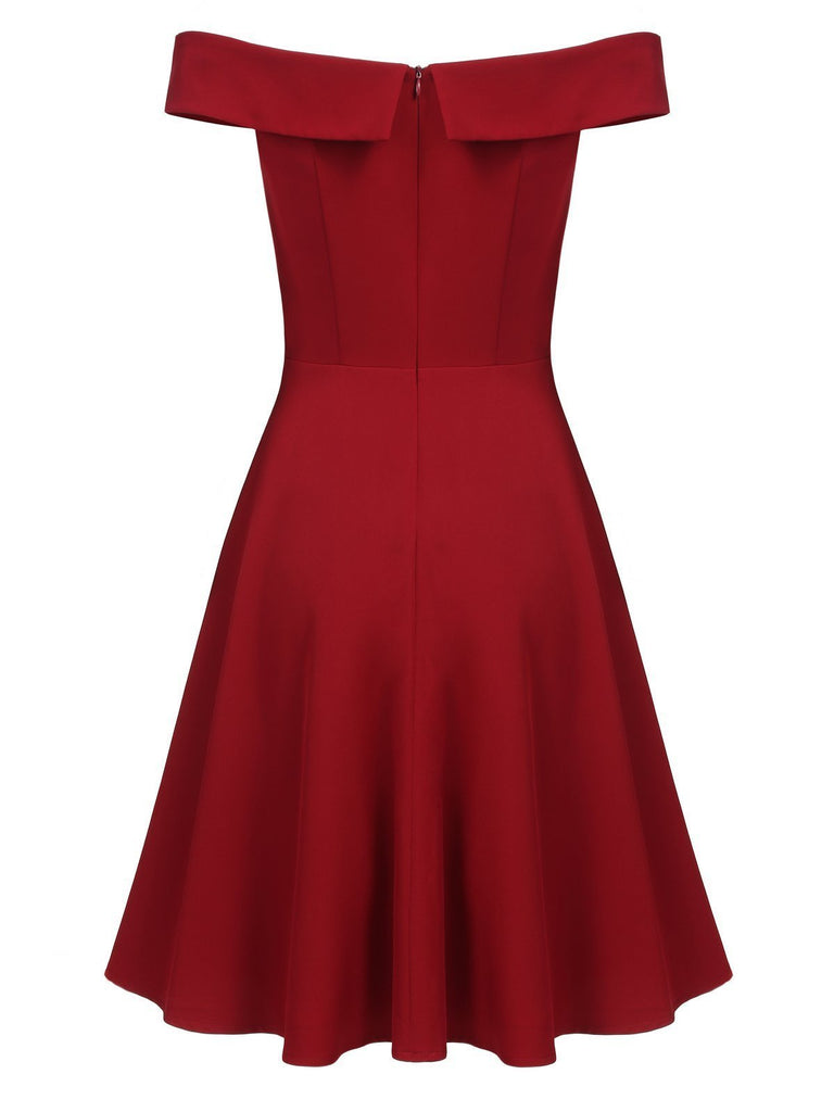 Wine Red 1950s Solid Off Shoulder Dress