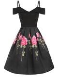 Black 1950s Floral Cold Shoulder Dress