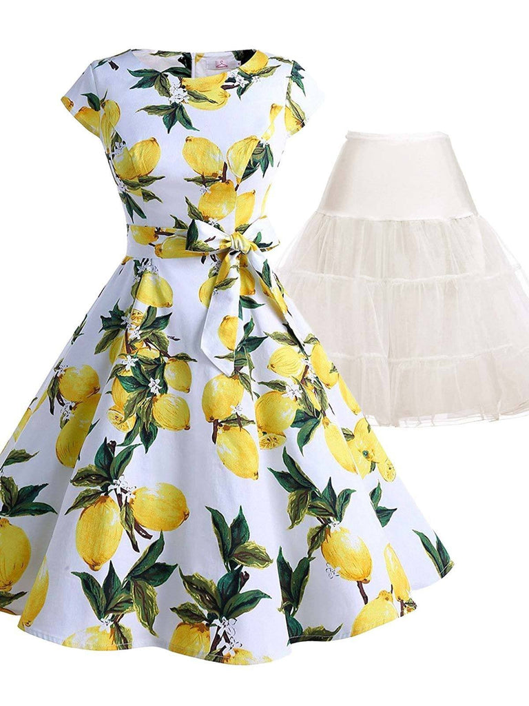 2PCS Top Seller 1950s Lemon Belted Swing Dress & White Petticoat
