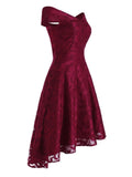 Wine Red 1950s Off Shoulder High-Low Dress