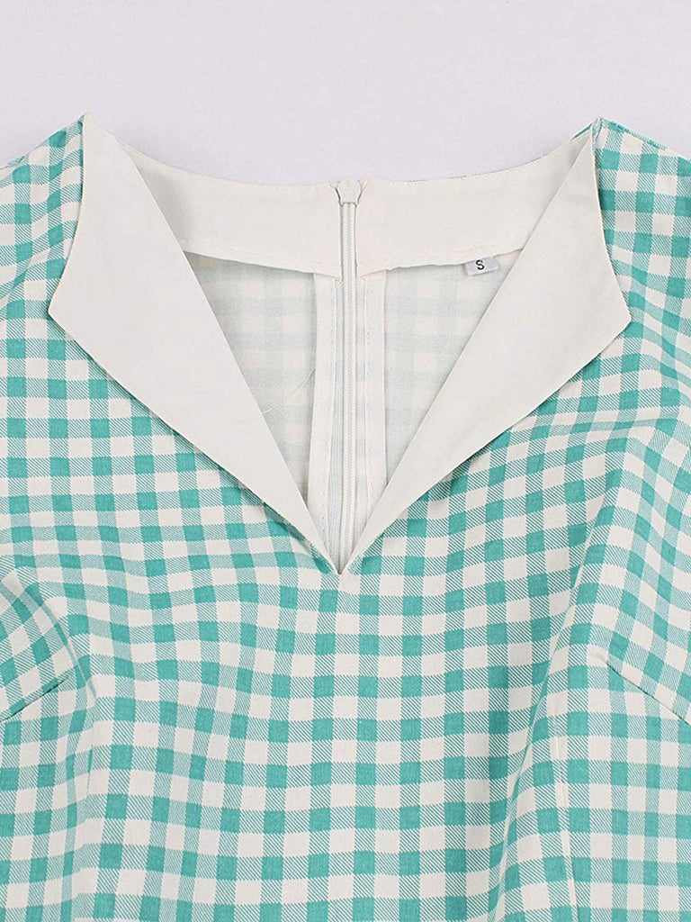 Cotton 1950s Green Plaid Bow Pockets Dress