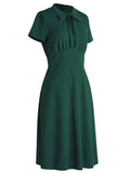 1940s Solid Front Pleated Bow Dress