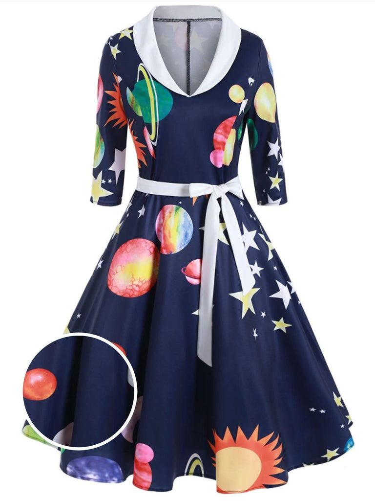Dark Blue 1950s Moon Star Swing Dress