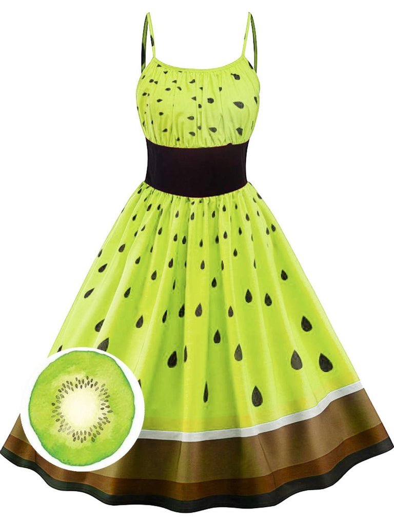 Green 1950s Fruit Spaghetti Swing Dress