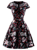 1950s Halloween Skull Floral Dress