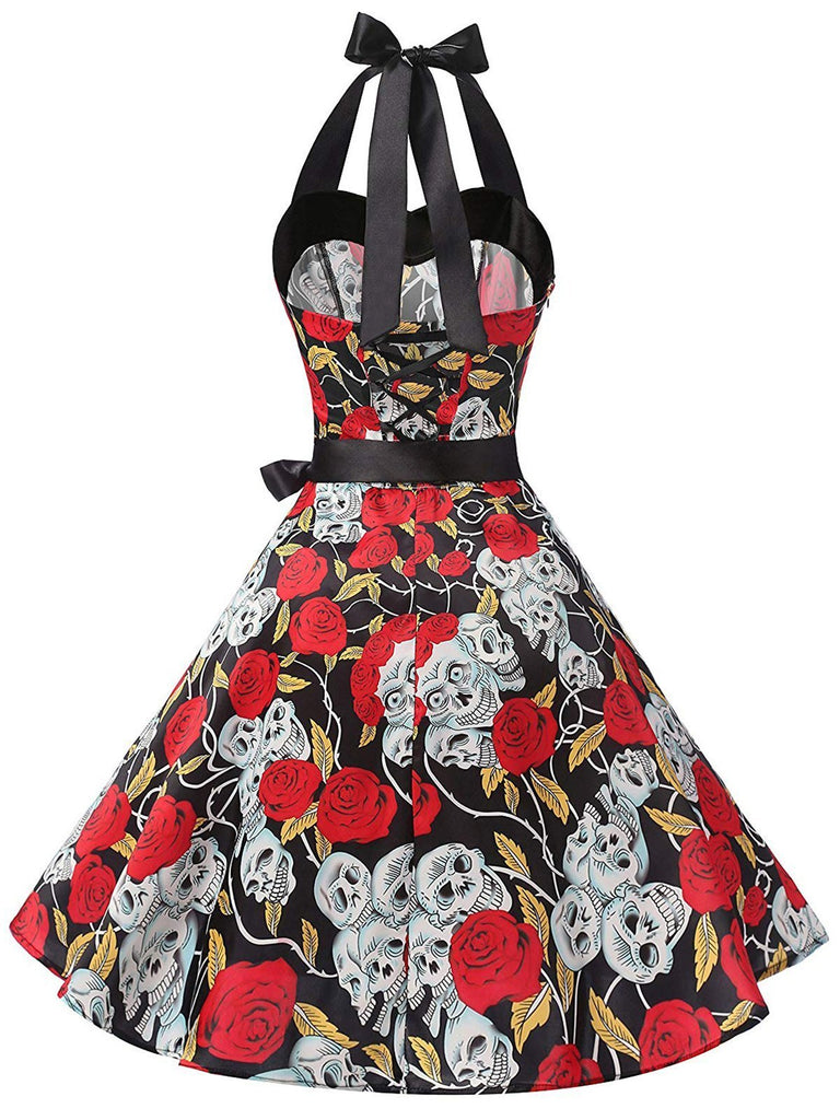 Black 1950s Rose Skull Halloween Dress