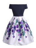 Blue 1950s Off Shoulder Floral Dress