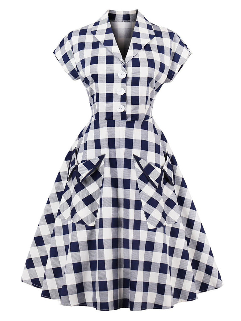Special Blue White 1950s Pockets Plaid Dress