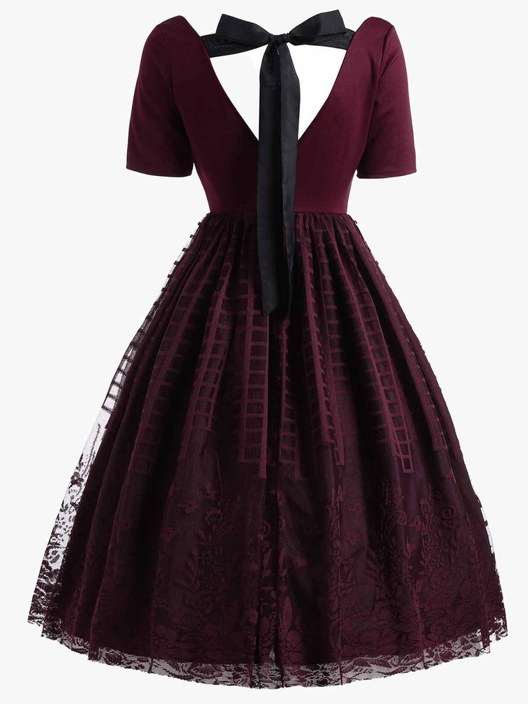 Wine Red 1950s Back Lace Up Dress