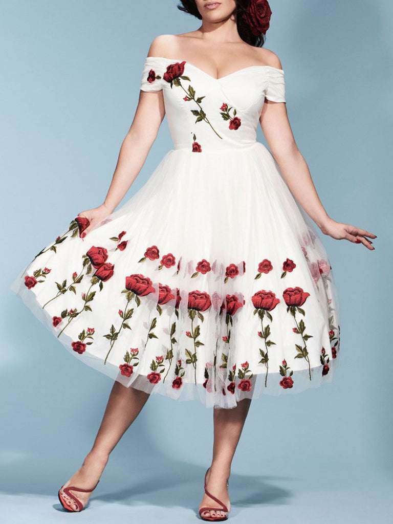 1950s Rose Embroidery Dress