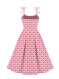 Heart Print Pink Women Vintage Dress Knot Strap Backless Summer Evening Cocktail Party Knee Length Pleated Dresses