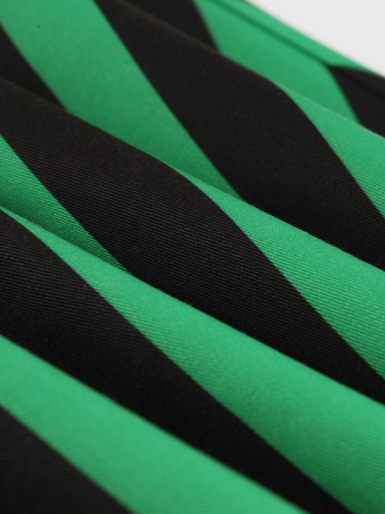 Green and Black Striped Vintage Cotton Pleated Dress Women O-Neck Cap Sleeve Retro Clothes Pinup Dresses with Belt
